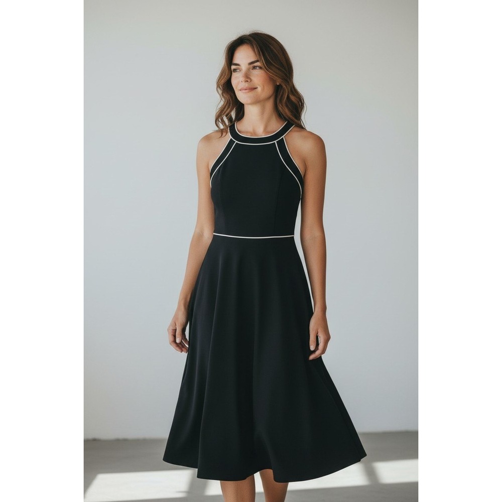 White House Black Market Dress Black White Contrast Piping Halter-Womens 00 NWT